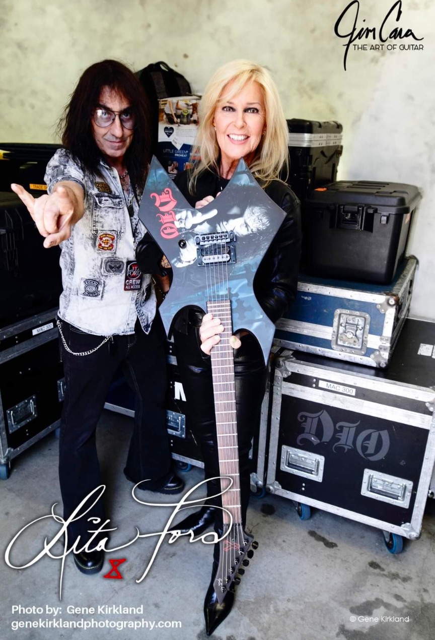 Jim Cana and LLita Ford with the Ronnie James Dio Cancer Benefit Guitar. Jim Cara makes Lita Ford Guitars