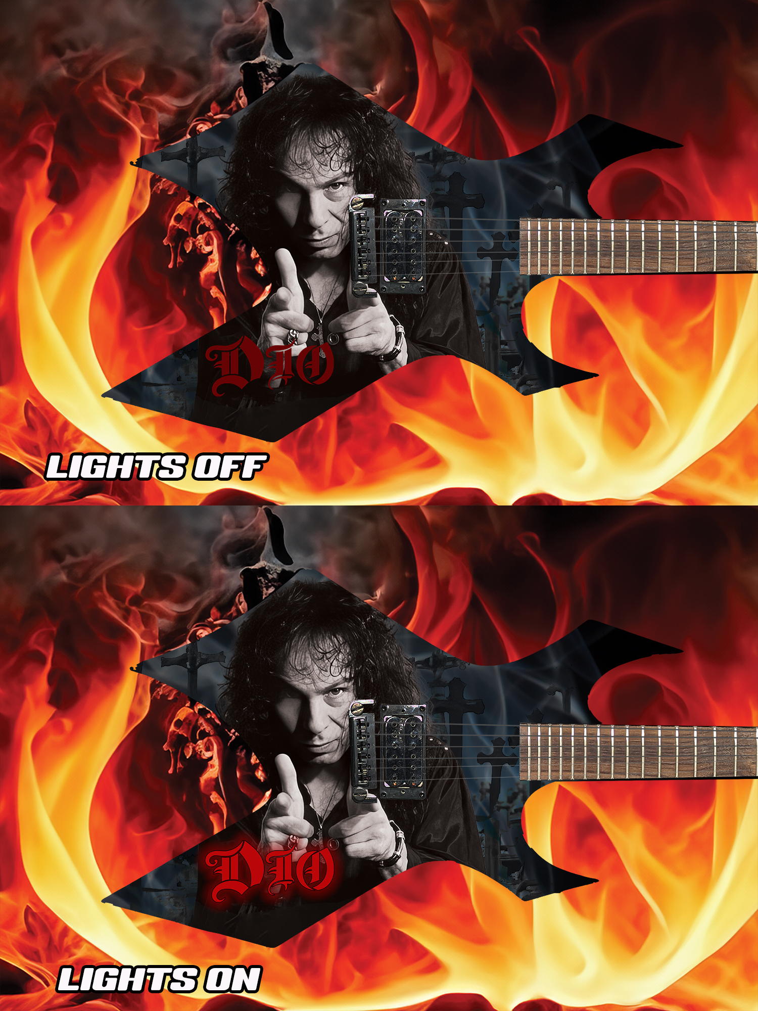 Neon Light on Ronnie James Dio Guitar Created by Jim Cara